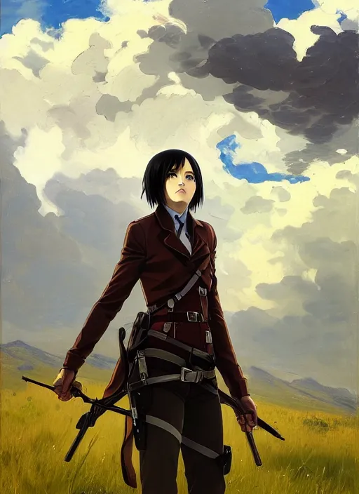 Prompt: portrait of Mikasa Ackermann of Attack on Titan, countryside, calm, fantasy character portrait, dynamic pose, above view, sunny day, thunder clouds in the sky, artwork by Jeremy Lipkin and Giuseppe Dangelico Pino and Michael Garmash and Rob Rey, very coherent asymmetrical artwork, sharp edges, perfect face, simple form, 100mm