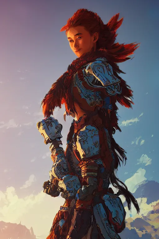 Image similar to combination suit armor aloy horizon forbidden west horizon zero dawn radiating a glowing aura global illumination ray tracing hdr fanart arstation by ian pesty and alena aenami artworks in 4 k tribal robot ninja mask helmet backpack