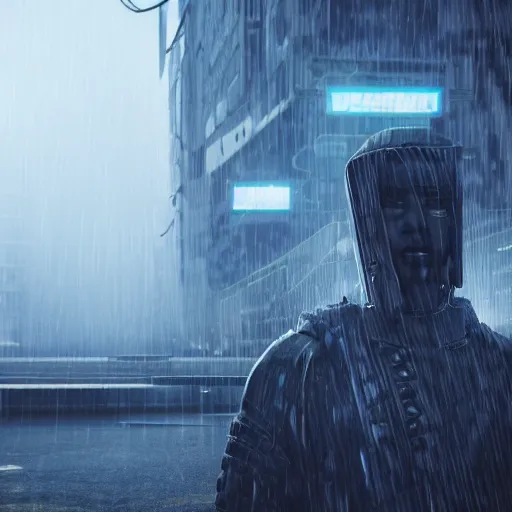 Image similar to cyberpunk samurai in a dytopian future, ultra realistic, fog, raytracing, reflections, rain, octane render