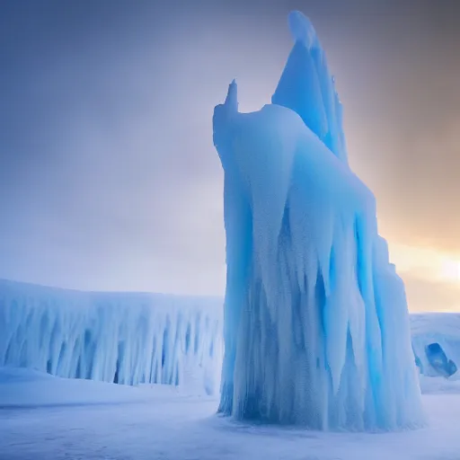 Image similar to large cloudy ice stalagmite on snow in game of thrones, 4 k, epic, cinematic, focus, movie still, fantasy, extreme detail, atmospheric, dark colour, sharp focus