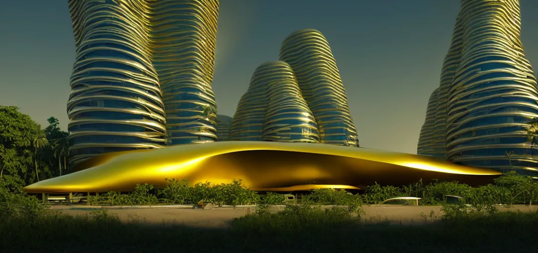 Image similar to futuristic shinny golden building in an jungle landscape of a biopunk city by taras shevchenko and frank gerhy, roads designed by zaha hadid and oscar niemeyer, movie poster, golden ratio, at dusk lighting, evening lighting, film still, realistic, octane render redshift arnold materials unreal engine, 8 k post production, hyper detailed