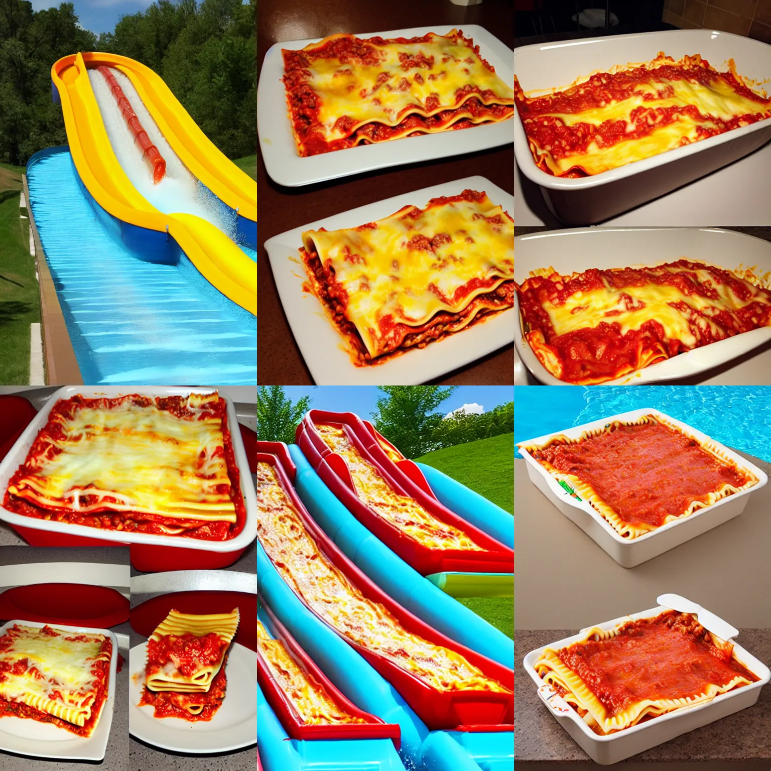 Prompt: lasagna waterslide