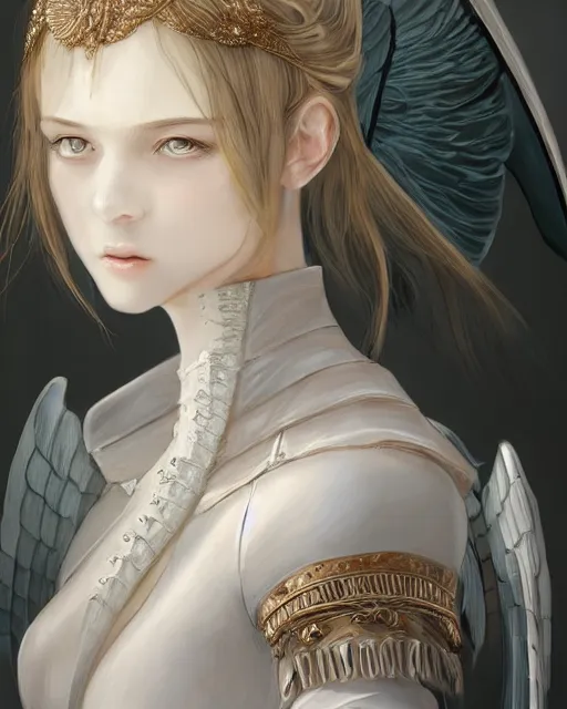 Image similar to an infinitely detailed portrait of a frail and pale female peace angel elegantly. fully - clothed full - body, beautiful! scenery art!! coherent! by wlop & murata range, victorian armor trim, cold color palette, artstation / pixiv!! elegantly armored angel portrait full - body, dreamy art