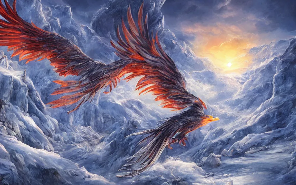 Image similar to game cg painting of a phoenix, a phoenix in a mountain range of ice and snow in nirvana