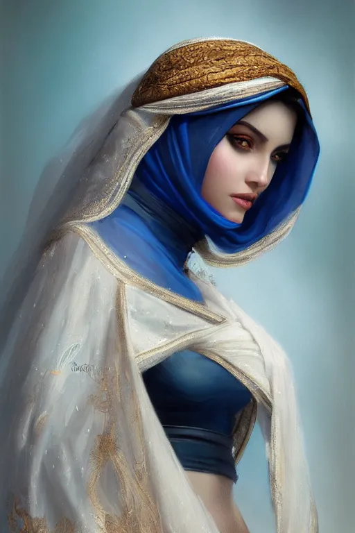 Image similar to modern arab woman , bright blue eyes, wavy black hair, white veil, closeup, cinnamon skin color, elegant, highly detailed, centered, oil painting, artstation, concept art by tom bagshaw