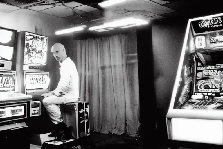 Prompt: pitbull using a computer while trapped in a pinball machine, in 1 9 8 5, y 2 k cybercore, industrial low - light photography, still from a kiyoshi kurosawa movie