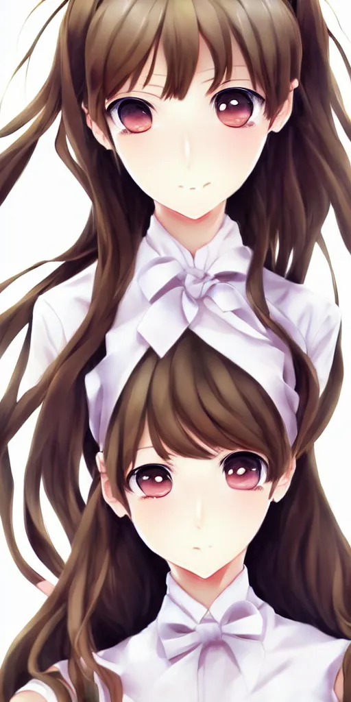 Image similar to beautiful anime high school girl, full body, brown hair, ponytail, white ribbon, green eyes, full perfect face, slightly smiling, detailed background, drawn by Artgerm, Sasoura, Satchely, no distorsion