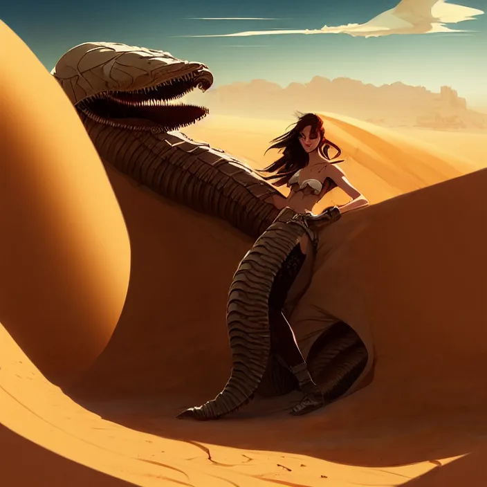 Image similar to style artgerm, joshua middleton, hubert robert, a giant sandworm creature in the desert, long sharp teeth, sand swirling, detailed, desert background setting, volumetric lighting