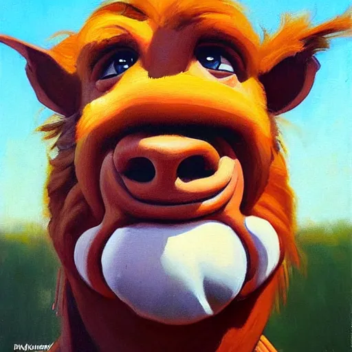 Prompt: greg manchess portrait painting of alf from the 8 0 s tv show alf, medium shot, asymmetrical, profile picture, organic painting, sunny day, matte painting, bold shapes, hard edges, street art, trending on artstation, by huang guangjian and gil elvgren and sachin teng