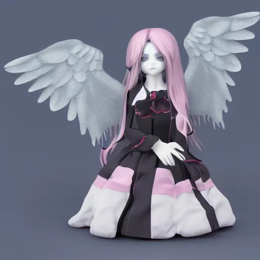 Image similar to cute fumo plush of the dark shadowgirl, a fallen angel who serves the creature of the abyss, vray render