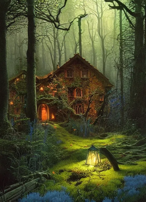 Image similar to hyper realistic witch cottage with mood lighting and technology in the woods gorgeous lighting, sunbeams blue sky, highly detailed, lush forest foliage painting by zdzisław beksinski and norman rockwell and greg rutkowski weta studio, and lucasfilm