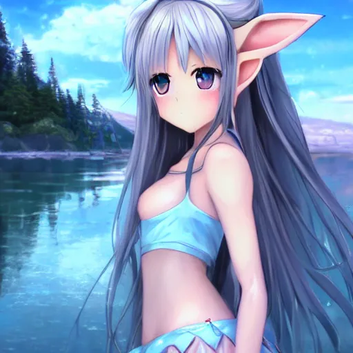 Image similar to a very beautiful anime elf girl, full body, long straight silver hair, happy, sky blue eyes, full round face, short smile, casual clothes, ice snowy lake setting, cinematic lightning, medium shot, mid-shot, highly detailed, trending on Artstation, Unreal Engine 4k, cinematic wallpaper by Stanley Artgerm Lau, WLOP, Rossdraws, James Jean, Andrei Riabovitchev, Marc Simonetti, and Sakimichan