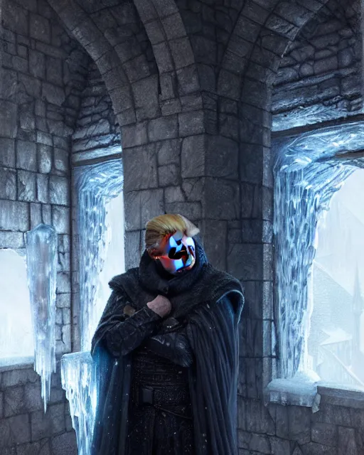 Image similar to trump as man of the night's watch, on the wall made of ice, middle ages, game of thrones | | realistic shaded, fine details, realistic shaded lighting painting by greg rutkowski, diego gisbert llorens, magali villeneuve, artgerm, jeremy lipkin, michael garmash, rob rey