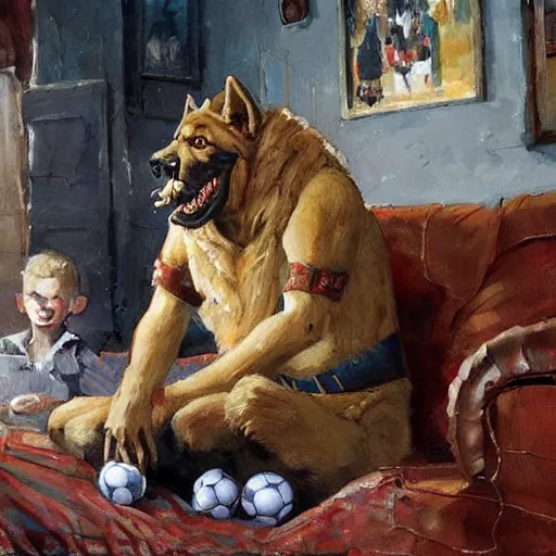 Image similar to a humanoid german shepherd beast - man, sitting and watching a soccer match in his house on television, he has hurt his knee and is a dad, by erin hanson, alexi zaitsev, karl spitzweg, award winning, tv set