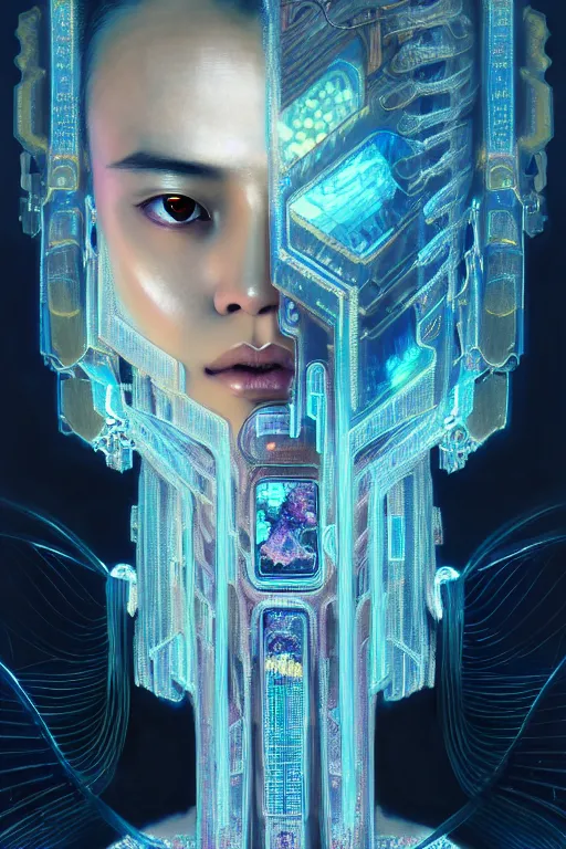 Image similar to dreamland of chinese, ghost, gorgeous and huge head ornaments, dystopian, cyberpunk, organic fractal mycelum and fungi, mecha, halfturn portrait of a big crystal face made of crystals half - turn, ominous, intricate, studio, art by anthony macbain + greg rutkowski + alphonse mucha, concept art, 4 k, sharp focus