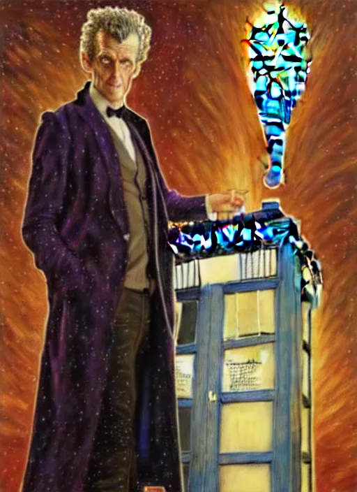 Image similar to oil painting of the twelfth doctor from doctor who with her tardis, intricate, elegant, highly detailed, lighting, painting, artstation, smooth, illustration, art by greg rutowski and alphonse mucha