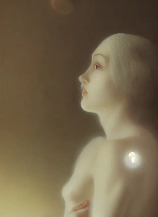 Prompt: beatifull pale wan woman, feminine goddes, side view, lit only by the moonlight, silver hair!!, style of fernand khnopff and lucien levy - dhurmer, 4 k resolution, aesthetic!,