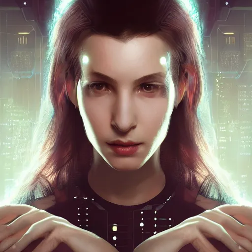 Prompt: portrait of a cyberpunk girl with a vector grid of light falling on her face, sci-fi, intricate lighting, elegant female, highly detailed, digital painting, studio portrait, artstation, sharp focus, photo by artgerm and greg rutkowski and Charlie Bowater, subsurface scattering
