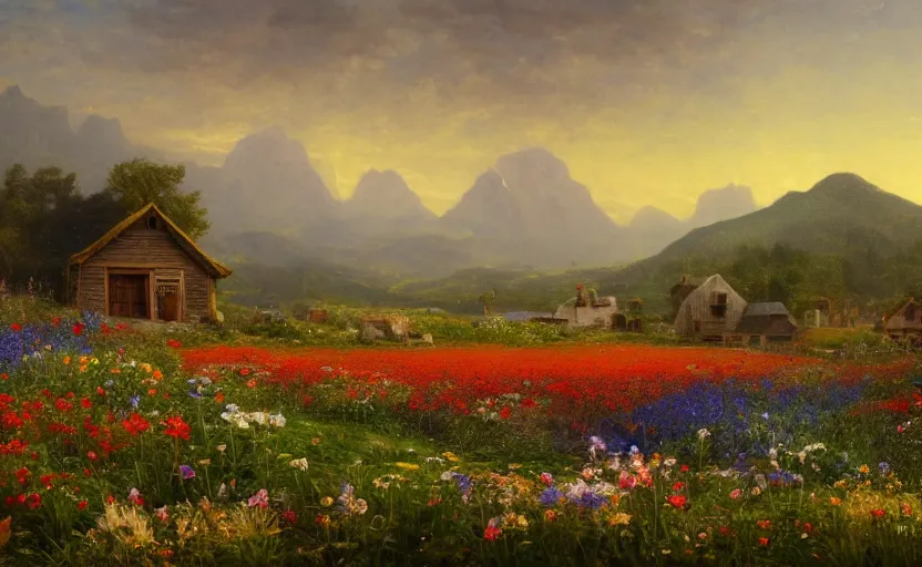 Prompt: beautiful flower field with a cottage in the distance, close up shot, rocky, at dusk, distant mountains, 4k, rule of thirds, extreme detail, hazy, intricate ink illustration, surreal, surrealist, trending on artstation, cgsociety, hd, calm, complimentary colours, realistic lighting, by Albert Bierstadt, Frederic Edwin Church.