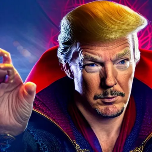 Image similar to Donald Trump cast as Dr. Strange, still from marvel movie, hyperrealistic, 8k, Octane Render,