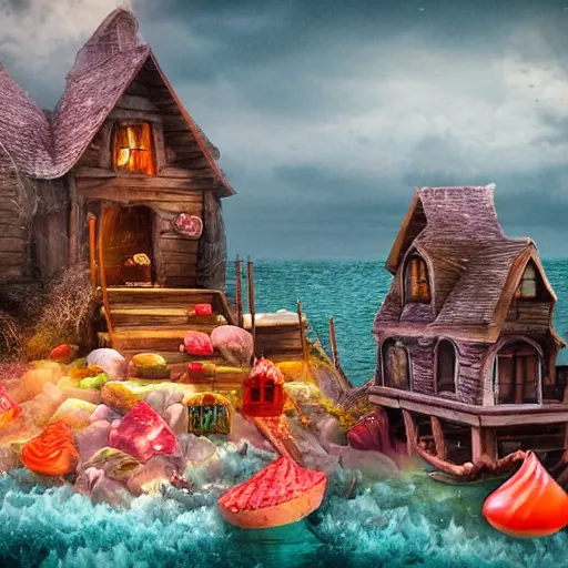 Image similar to a witches house made out of realistic candy on the ocean, epic scene, fantasy, redshift render, cgi, hyper - detailed, photo - bash, 8 k post - production, masterpiece