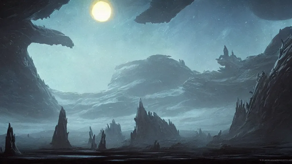 Image similar to eerie atmospheric alien planet heavily eroded by les edwards and vincent di fate and anato finnstark, epic cinematic matte painting