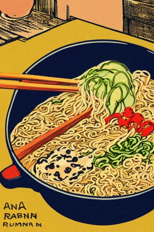 Prompt: a pot of delicious ramen noodles, vintage illustration
