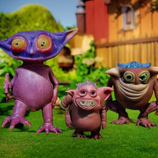 Image similar to autochrome photo of vintage disgusting brown Boglins, plastic goblin monster toys in a backyard garden, by PIXAR, octane render