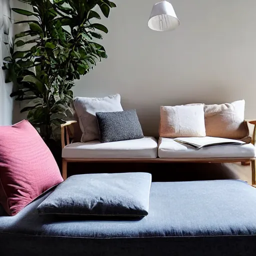 Image similar to wooden sofa, square cushions, studio lighting, scandinavian design, minimalist