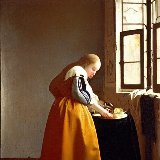 Prompt: the fisher's girl that opened the empty oyster, by johannes vermeer