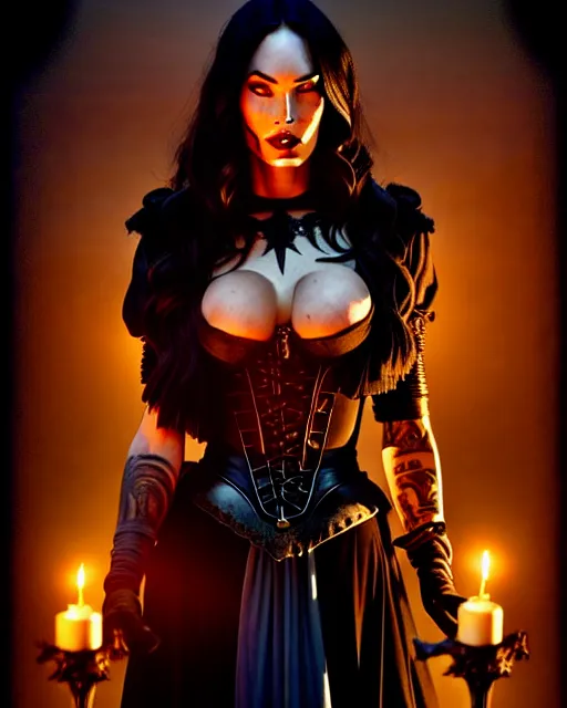 Image similar to megan fox witch queen, black eyes, blood, full body, intricate victorian dress, middle shot, cinematic lighting, studio quality, symmetrical eyes, artgerm, joshua middleton, rafael albuquerque, moody lighting, candles, art style by nixeu and ian sprigger and wlop and krenz cushart