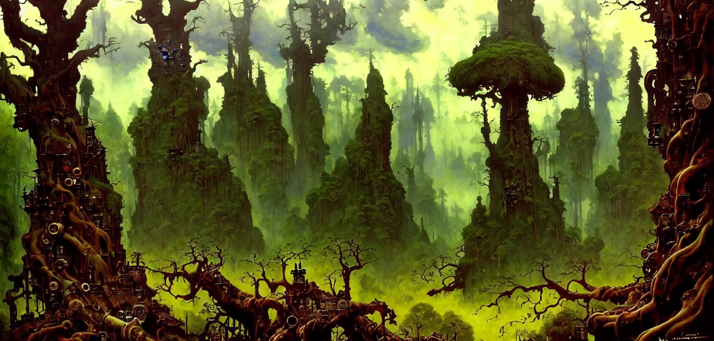 Image similar to exquisite imaginative fantasy landscape lush forests, moody sky, gnarly trees, with steampunk castles movie poster by : : norman rockwell, sargent, james gurney weta studio, trending on artstation james jean frank frazetta