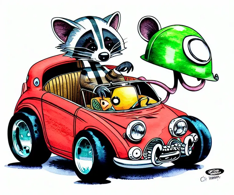 Prompt: cute and funny, racoon wearing a helmet riding in a tiny hot rod coupe with oversized engine, ratfink style by ed roth, centered award winning watercolor pen illustration, isometric illustration by chihiro iwasaki, edited by range murata