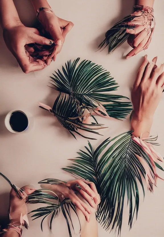 Image similar to an instagram photo of two ultra detailed woman's palms lying on the table, instagram photo, studio photo