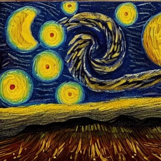 Image similar to van goh a starry night. kittens staring at the moon van goh