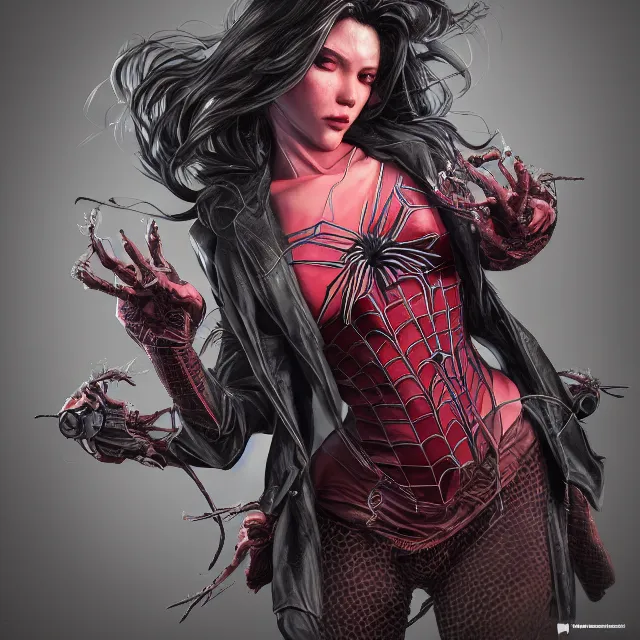 Image similar to the portrait of spiderwoman dark knight vagabond as absurdly beautiful, gorgeous, sophisticated, young gravure idol, an ultrafine hyperdetailed illustration by kim jung gi, irakli nadar, intricate linework, bright colors, octopath traveler, final fantasy, unreal engine 5 highly rendered, global illumination, radiant light, detailed and intricate environment