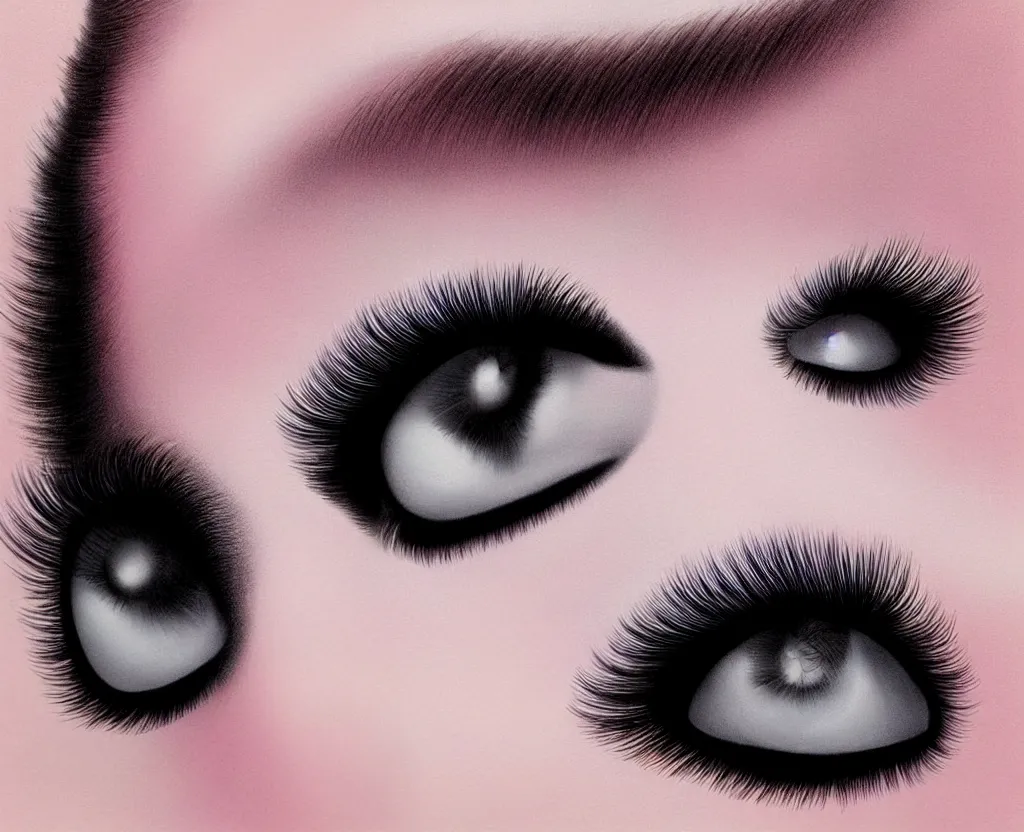 Image similar to beautiful matte airbrush of a long eyelashes with mascaraon white background, inspired by 8 0's airbrush illustrations, art by pater sato