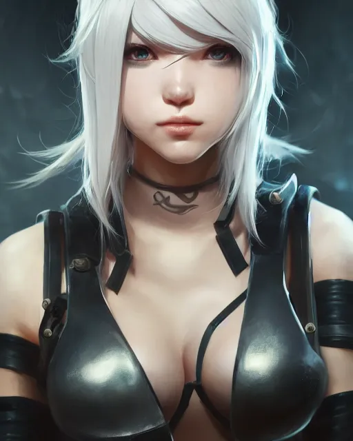 Image similar to league of legends portrait of 2 b nier automata, au naturel, hyper detailed, digital art, trending in artstation, cinematic lighting, studio quality, smooth render, unreal engine 5 rendered, octane rendered, art style by klimt and nixeu and ian sprigger and wlop and krenz cushart.