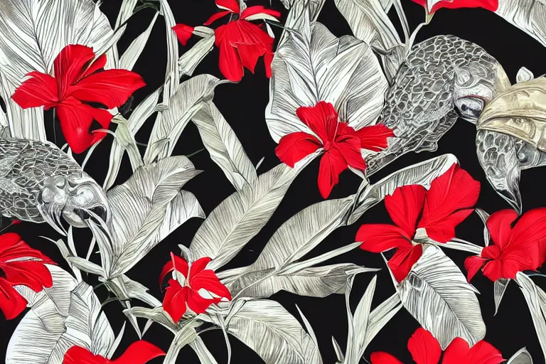 Image similar to photorealistic print of exotic, luxury, elegant tropical prints, isolated in a black background : : silver plants, golden flowers, red parrots, art nouveau, trending on creativemarket