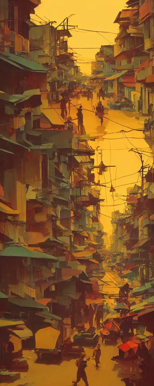 Image similar to Downtown Saigon, dramatic cinematic lighting, rich colors, golden age illustration, by Sylvain Sarrailh and Nicholas Roerich and Ludwig Deutsch and April Gornik