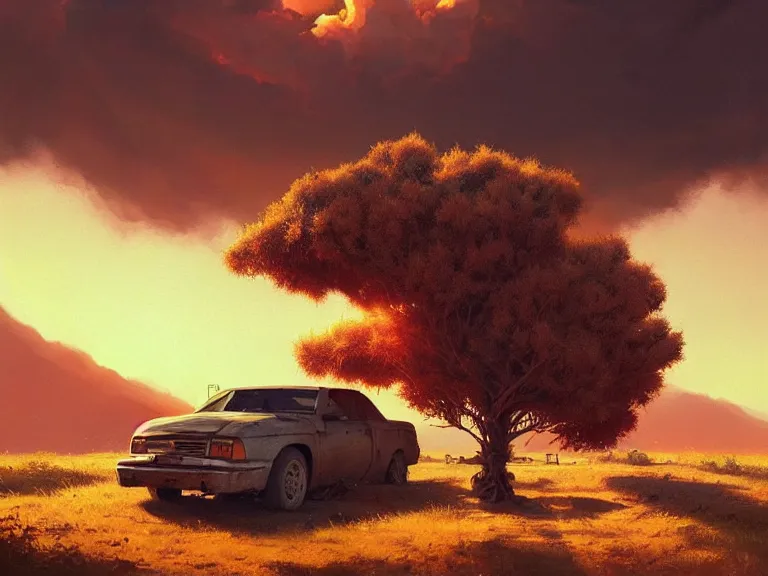 Image similar to low angle shot of tree growing inside scrap car in the foreground. overgrown. soft golden red sunset over the mountains in the background. clouds. detailed leaves. hyperrealistic, highly detailed, cinematic, beautiful, cgsociety, artstation, oil painting by greg rutkowski, by artgerm, by wlop