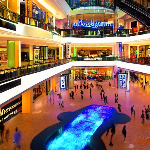 Prompt: A vast shopping mall interior with an enormous water feature, water falls, photo taken at night, neon pillars, large crowd