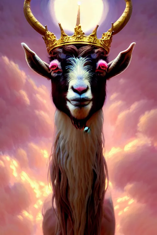 Prompt: highly detailed portrait of a three - headed goat wearing golden crown and pink tutu, stephen bliss, unreal engine, fantasy art by greg rutkowski, rhads, ferdinand knab, makoto shinkai and lois van baarle, ilya kuvshinov, rossdraws, tom bagshaw, global illumination, radiant light, red blue theme, meadow