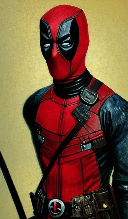 Image similar to oil painting of victorian deadpool created by james jean, vincent van gogh, michaelangelo, fantasy, portrait, highly detailed, large brush strokes