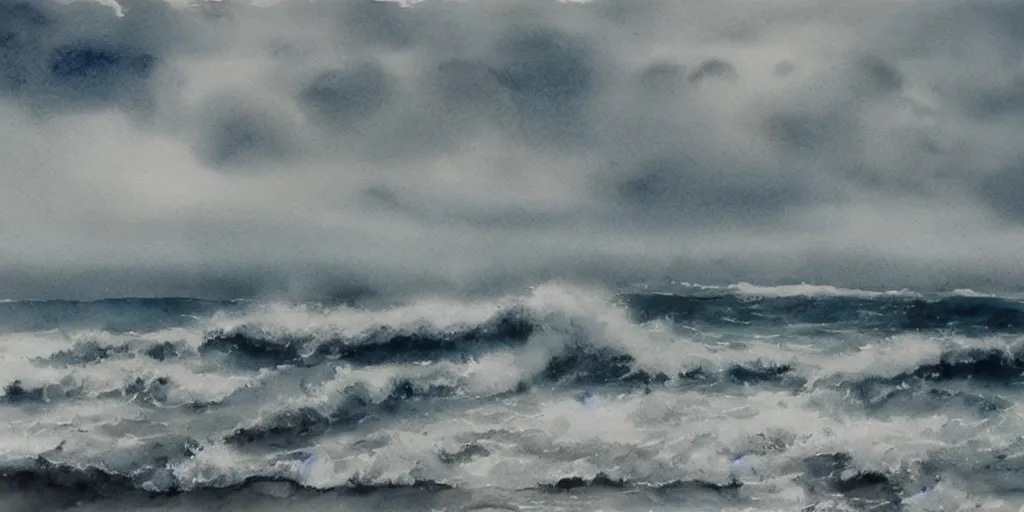 Image similar to stormy sea and dramatic sky, watercolor, artstation, realistic, moody