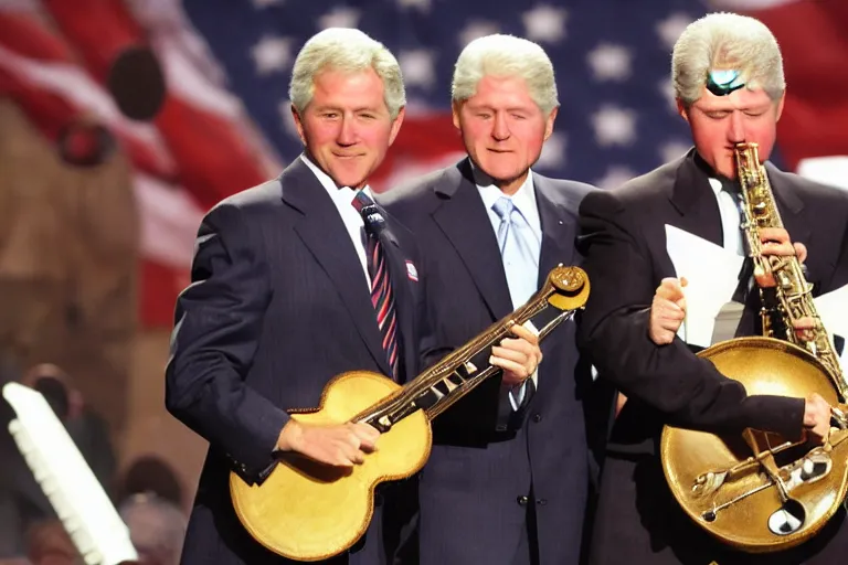 Image similar to george w bush playing banjo, bill clinton playing saxophone on stage