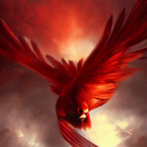 Image similar to a painting of a red cardinal flying through the sky, poster art by raymond swanland, deviantart, fantasy art, christian, deviantart, mystical