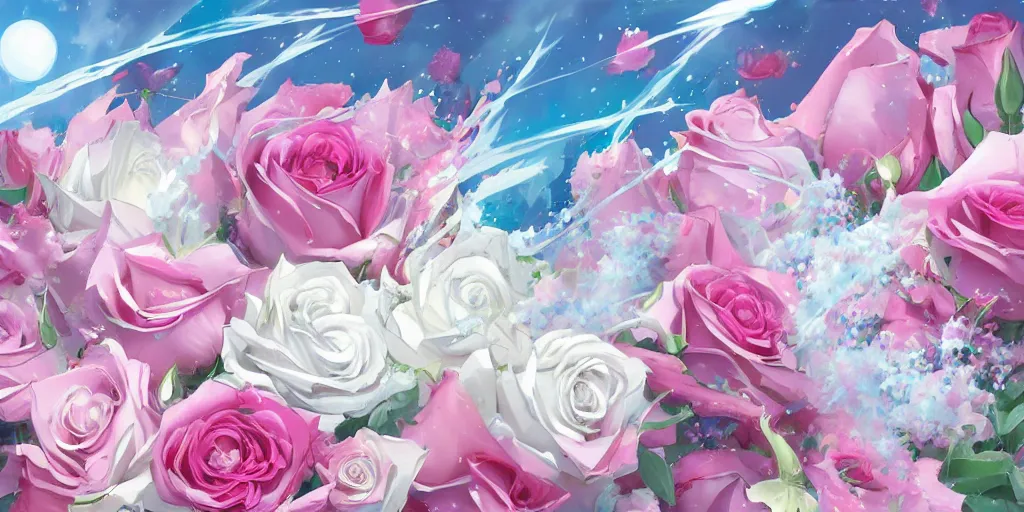 Image similar to background art of magic invisible force blade slicing through a bouquet of white and pink roses, flowers exploding and splattering, big puffy clouds, exploding roses, large rose petals, lotus petals, large polygonal background elements, large polygons, studio ghibli anime, radiant lighting, artgerm, manga, trending on artstation, art nouveau, mature colors