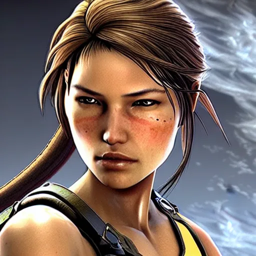 Image similar to Lara croft as samurai:: photorealistic::1 direct sunlight::1