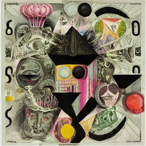 Image similar to post - punk new age album cover, asymmetrical design, dollar bank notes, capitalism, magic, apocalypse, psychedelic, black white pink, magic, giger h. r., giuseppe arcimboldo, peder aalto